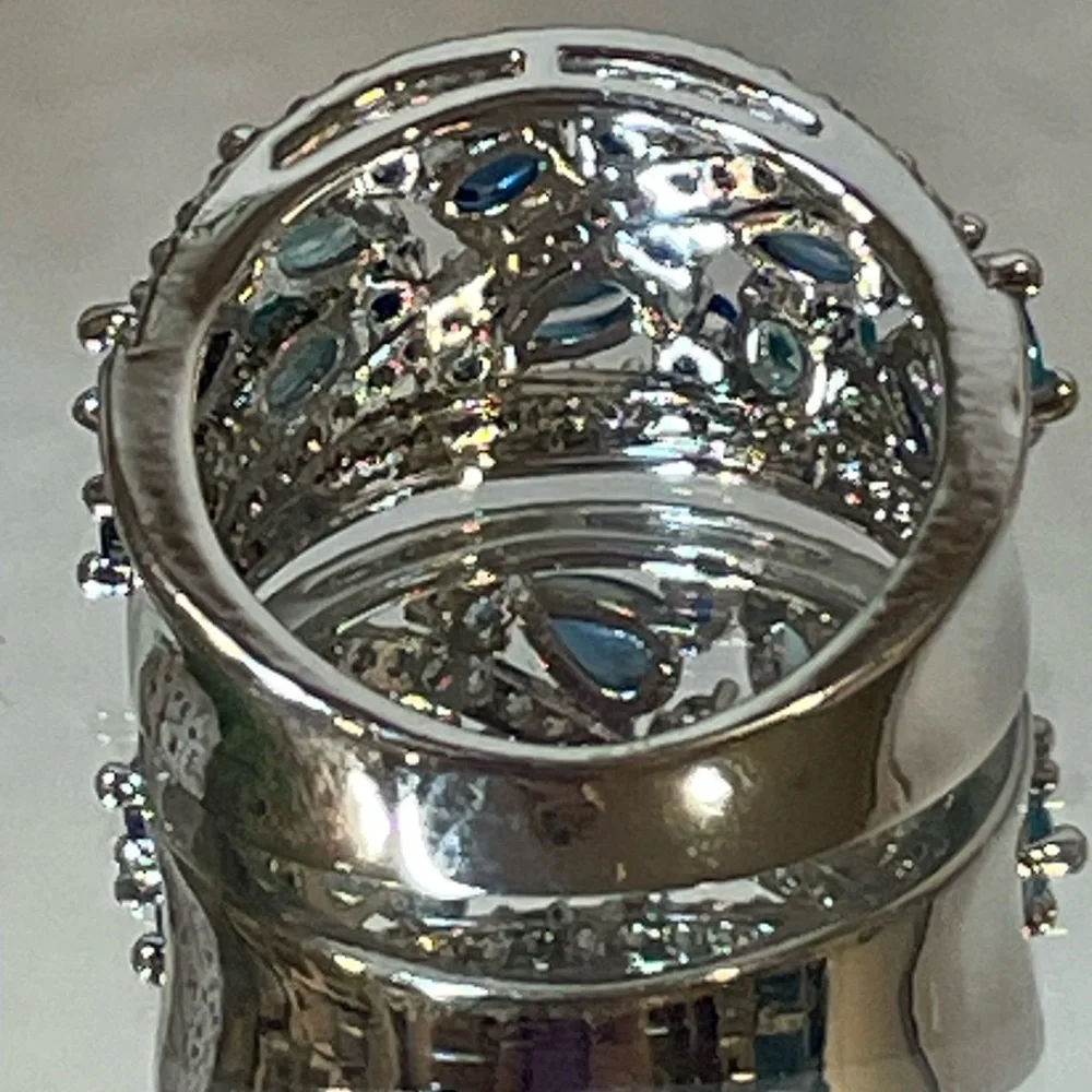 NEW Silvertone & Lab-Created Blue Topaz and Sapphire Multilayer Ring | Sz 6